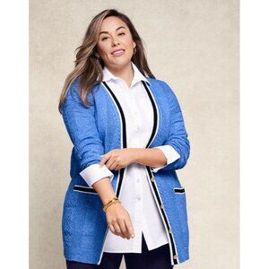 EUC $129 TALBOTS IRIS BLUE CABLE KNIT TIPPED CARDIGAN SWEATER PLUS SZ 2X